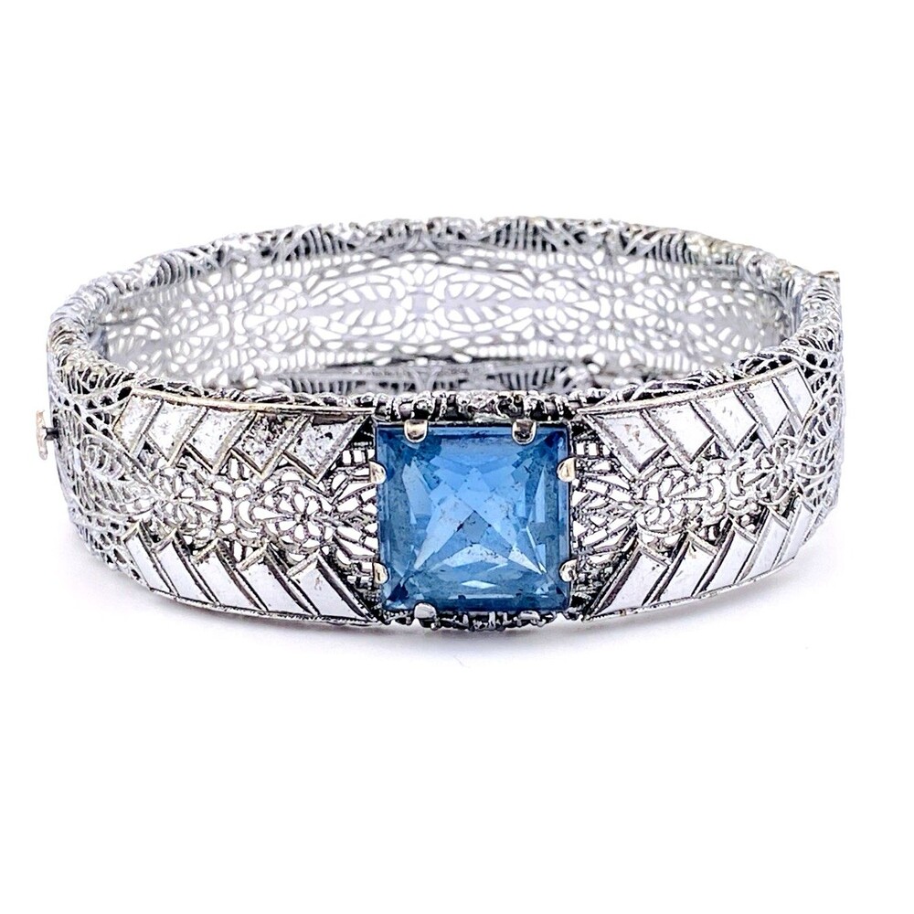 Ostby Barton Filigree Clamper Bracelet Sterling Silver Rhodium Edwardian to Deco